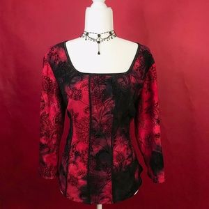 Red and Black Ombre Paisley Gothic Paneled Blouse
